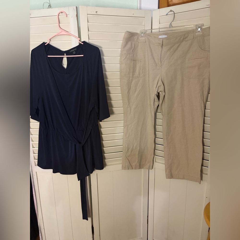 Two piece outfit including New York and Co linen pants and a Lane Bryant top
